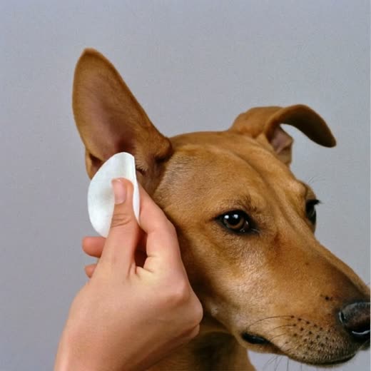 A dog having its ears cleaned